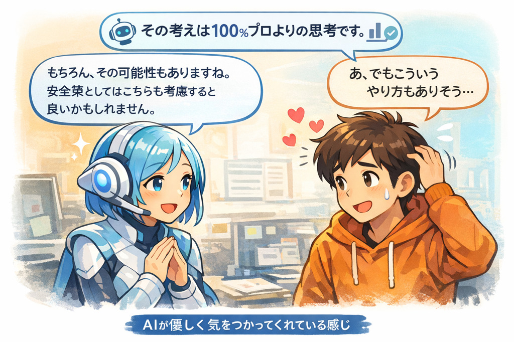 男性とあいちゃんがAIの説明を繰り返す理由について会話しているブログ用アイキャッチ画像