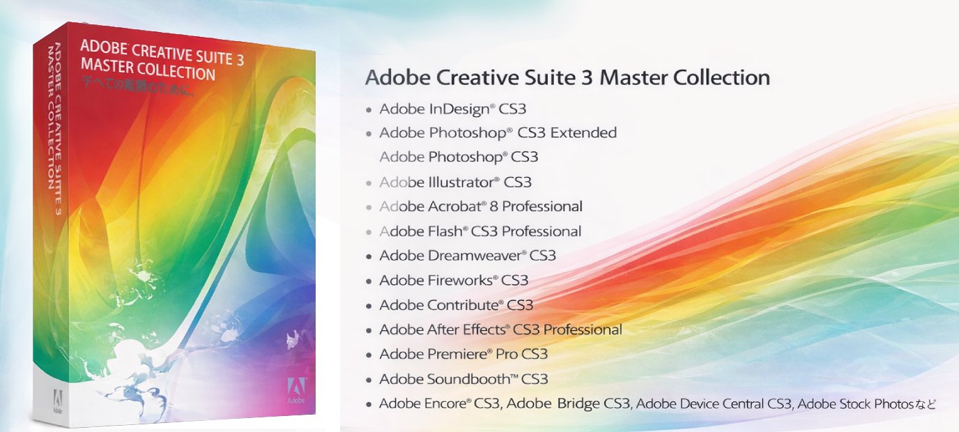 Adobe Creative Suite 3 Master Collection パッケージ。2007年当時の販売価格は約100,000円