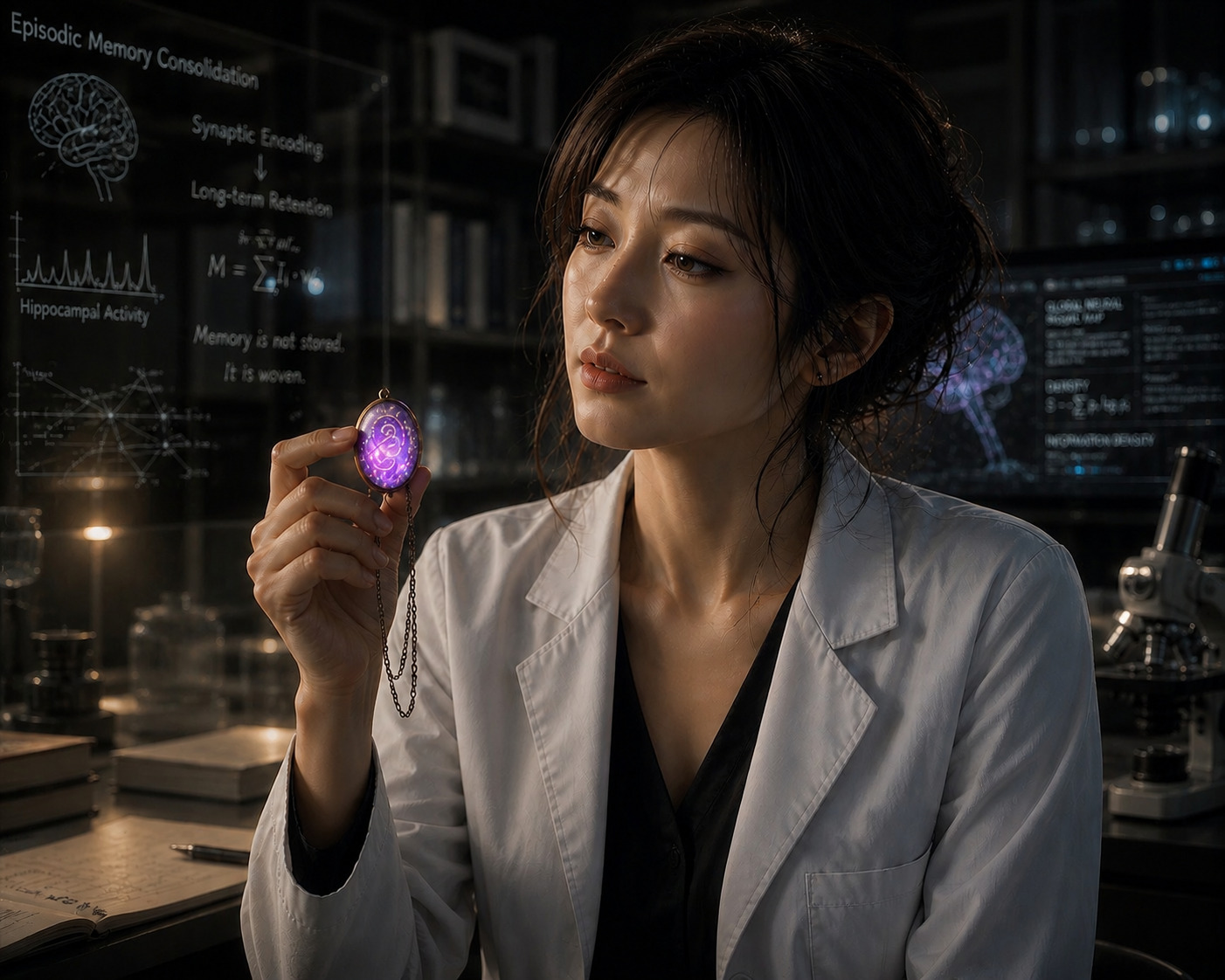 分子生物学者・本中結衣が、紫に光る謎のペンダントを見つめる